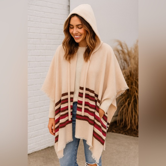 Melrose and Market Stripe Hooded Ruana, Ivory Combo, One Size, NWT - Picture 1 of 4